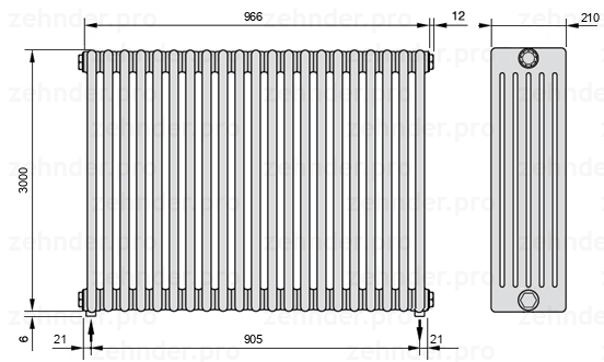 Схема (чертеж) Радиатор Zehnder Charleston 6300/21 №3570 Белый глянцевый RAL 9016